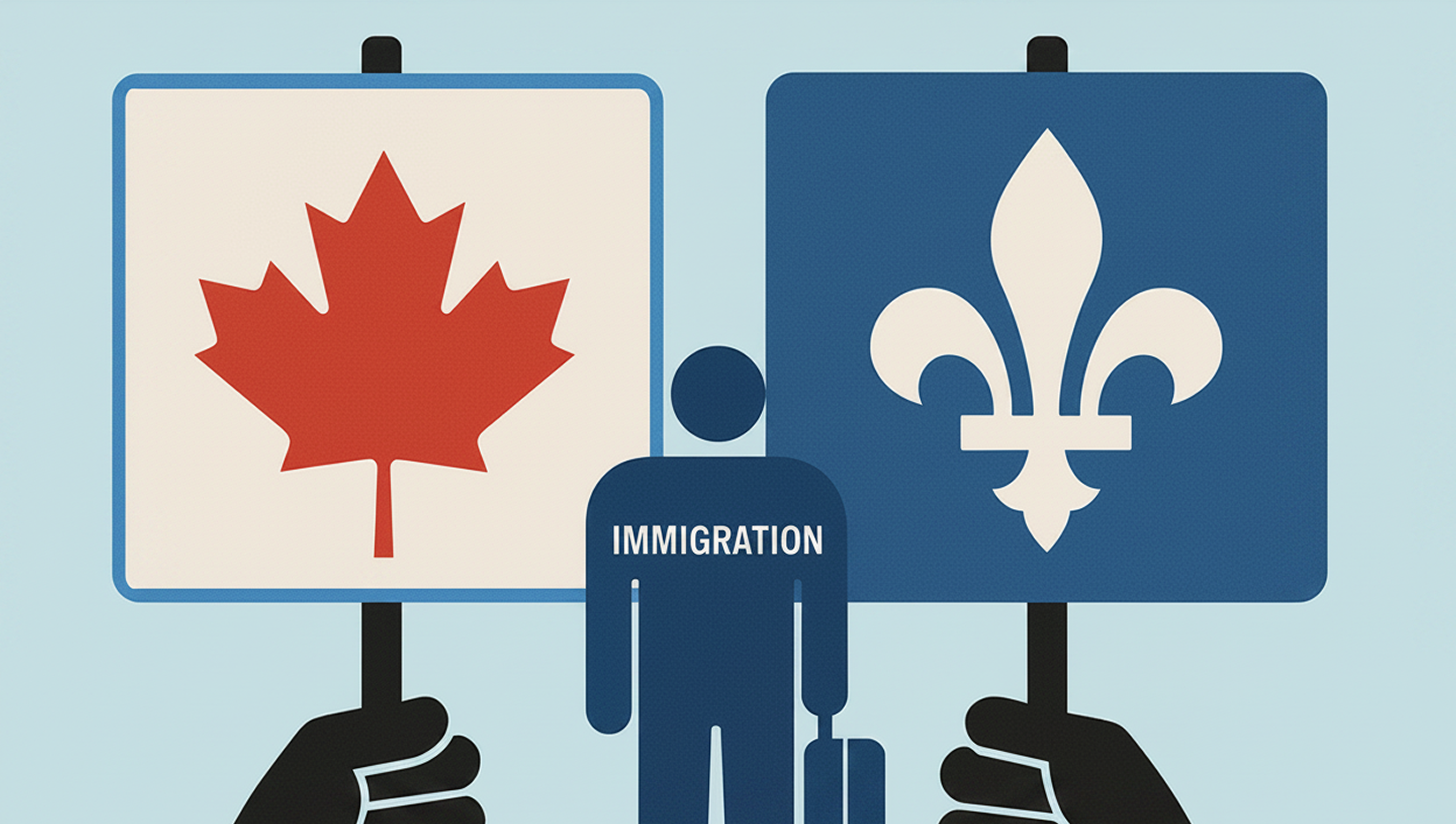 Un bonhomme où c'est écrit immigration sur lui, avec deux mains qui tiennent une fleur de lys du Québec et une feuille d'érable du Canada.